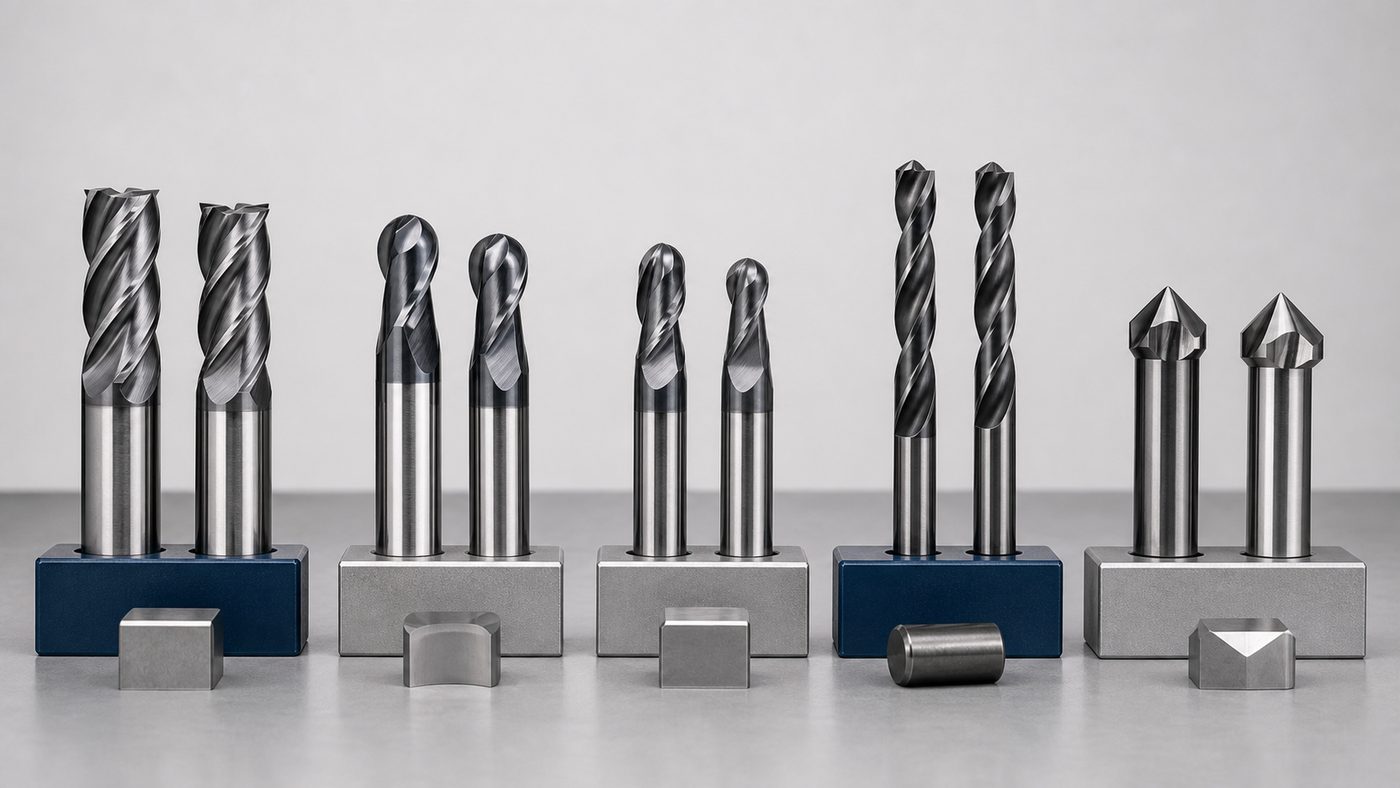 Flat end mills, ball nose cutters, round nose cutters, drills, and chamfer cutters