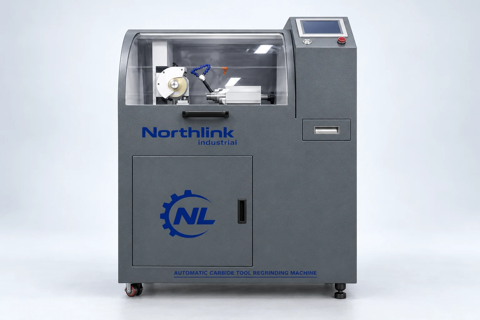 NorthLink NL-OIL-120 enclosed graphite-gray grinding cabinet with inspection window and touchscreen