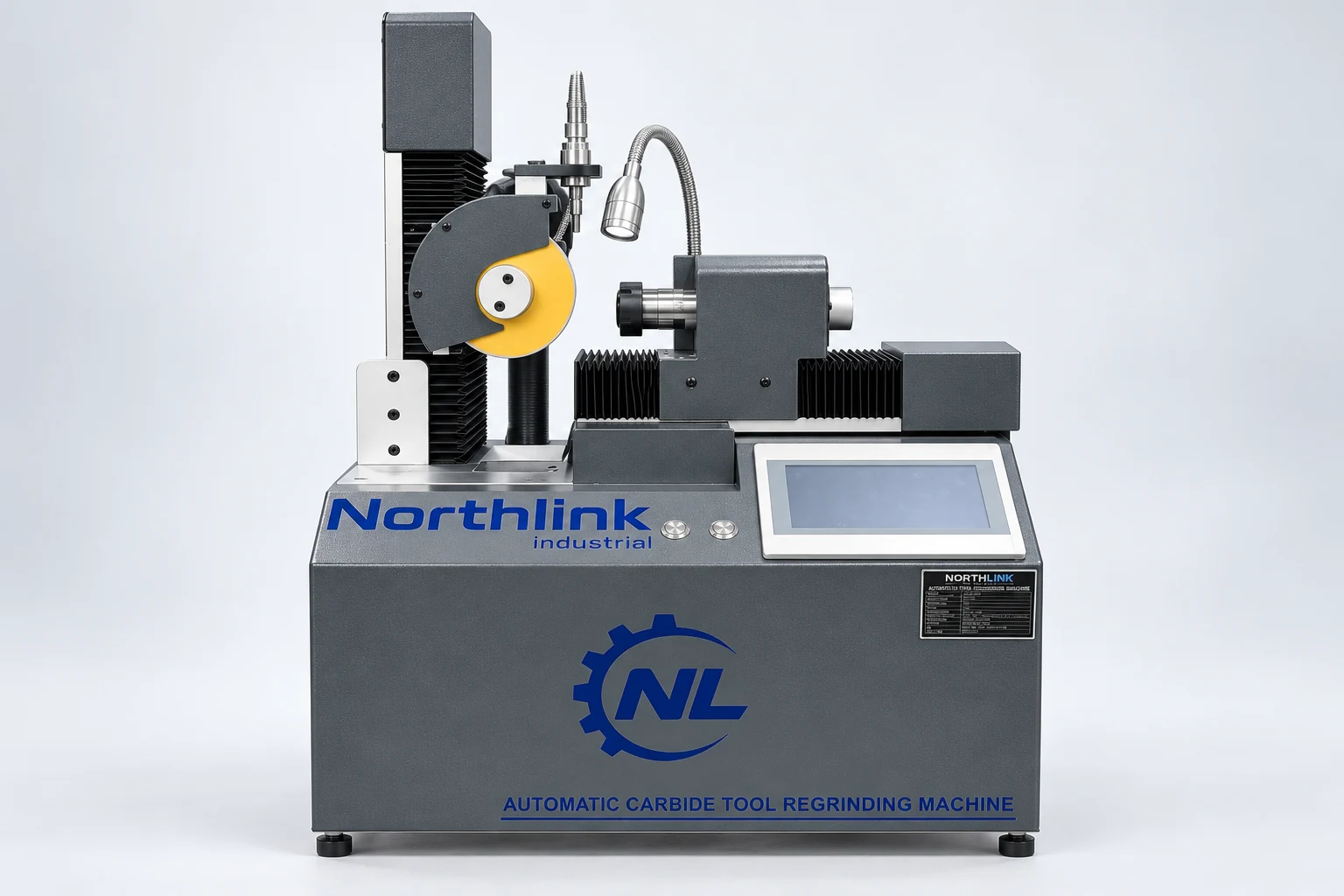 NorthLink NL-ATG-120 tool grinder with yellow wheel, universal-axis assembly and touchscreen
